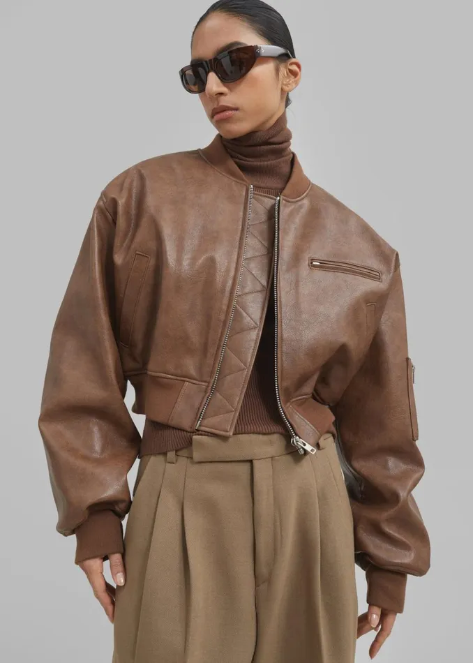 Women The Frankie Shop Outerwear Gae Faux Leather Cropped Bomber Brown