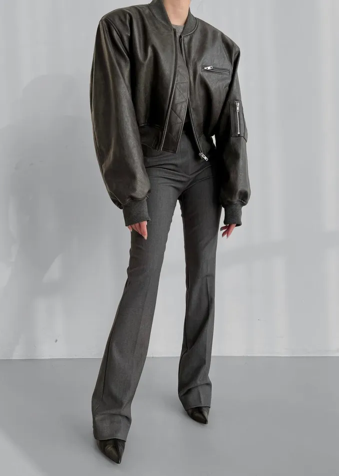 Women The Frankie Shop Outerwear Gae Faux Leather Cropped Bomber Charcoal