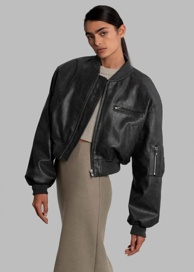 Women The Frankie Shop Outerwear Gae Faux Leather Cropped Bomber Charcoal
