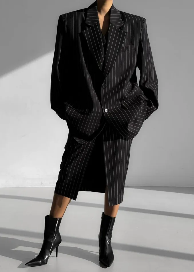 Women The Frankie Shop Outerwear Holland Padded Shoulder Blazer Blackwhite Pinstripe