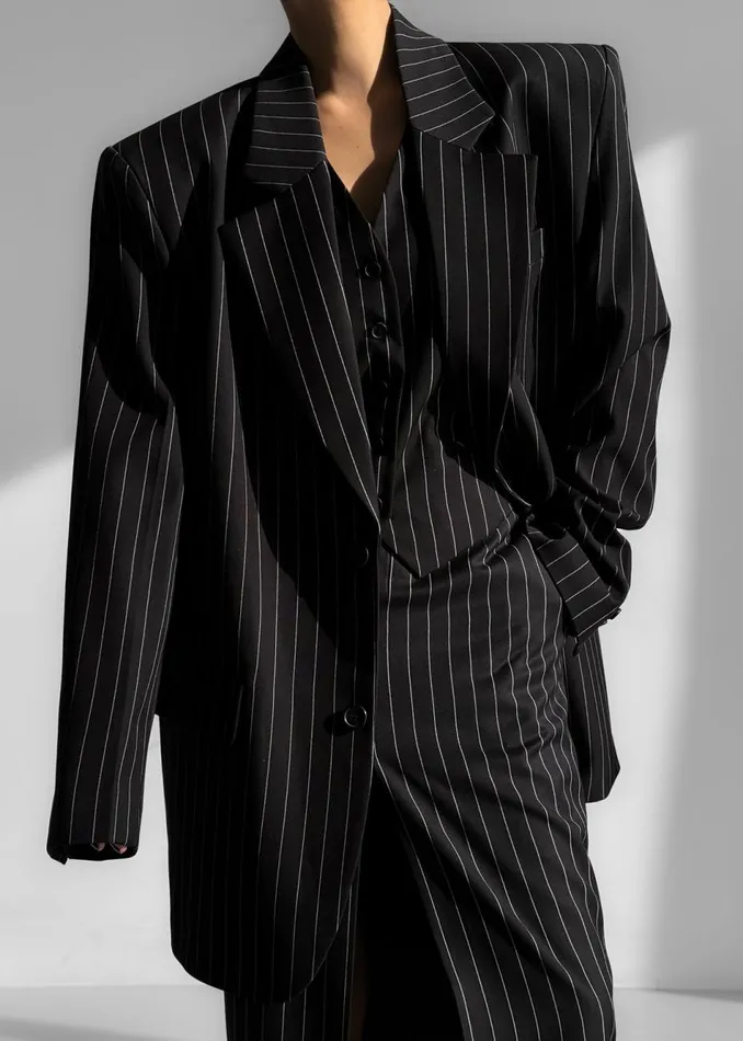 Women The Frankie Shop Outerwear Holland Padded Shoulder Blazer Blackwhite Pinstripe