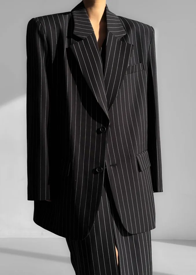 Women The Frankie Shop Outerwear Holland Padded Shoulder Blazer Blackwhite Pinstripe