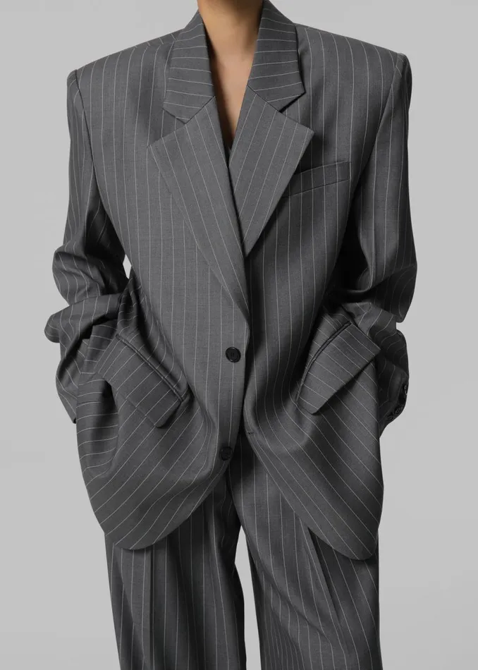 Women The Frankie Shop Outerwear Holland Padded Shoulder Blazer Charcoalwhite Pinstripe