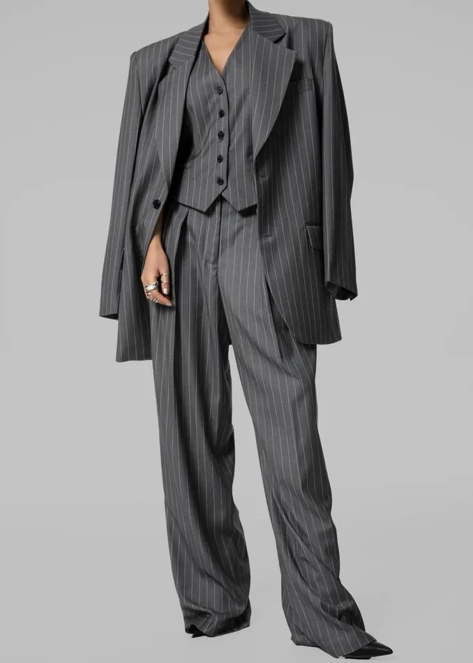 Women The Frankie Shop Outerwear Holland Padded Shoulder Blazer Charcoalwhite Pinstripe