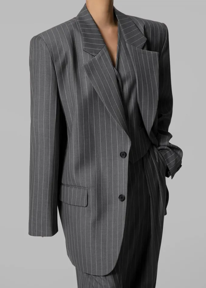 Women The Frankie Shop Outerwear Holland Padded Shoulder Blazer Charcoalwhite Pinstripe