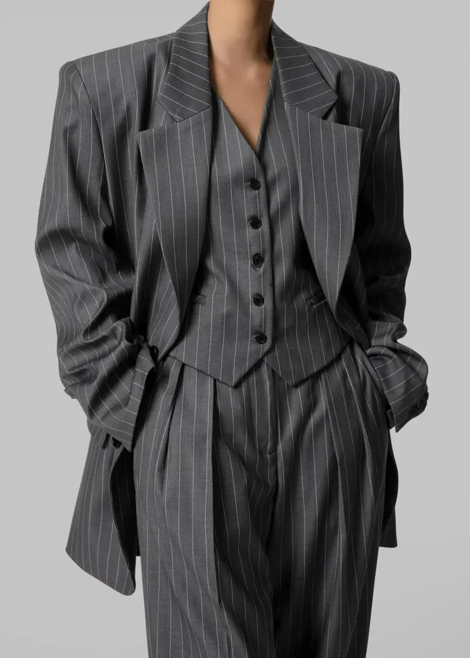 Women The Frankie Shop Outerwear Holland Padded Shoulder Blazer Charcoalwhite Pinstripe