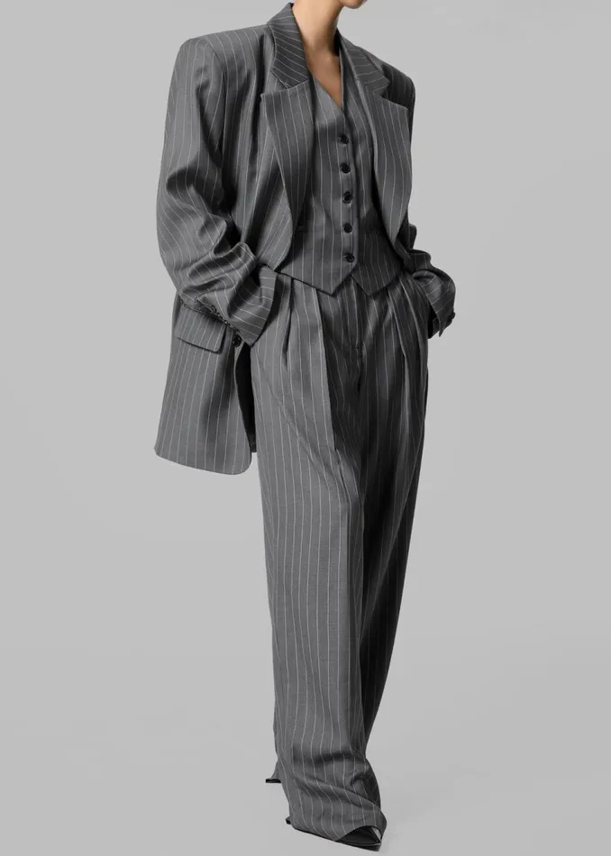 Women The Frankie Shop Outerwear Holland Padded Shoulder Blazer Charcoalwhite Pinstripe