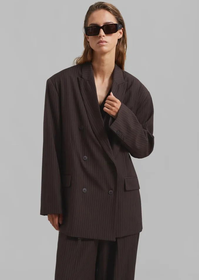 Women The Frankie Shop Outerwear Ivey Double Breasted Blazer Brownwhite Pinstripe