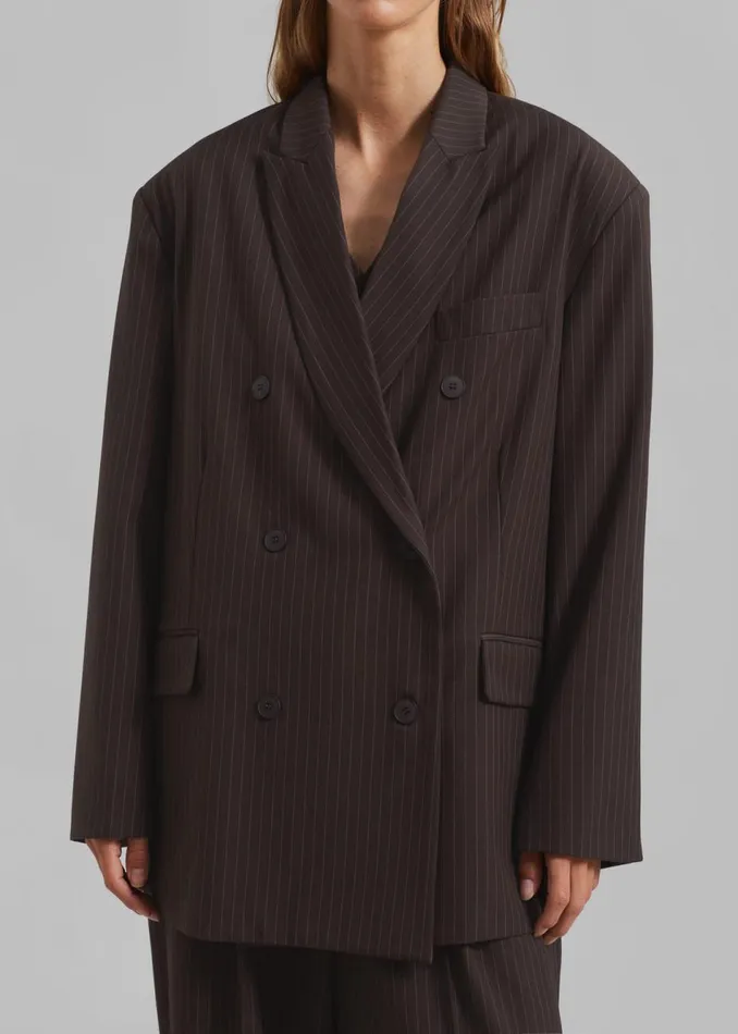 Women The Frankie Shop Outerwear Ivey Double Breasted Blazer Brownwhite Pinstripe