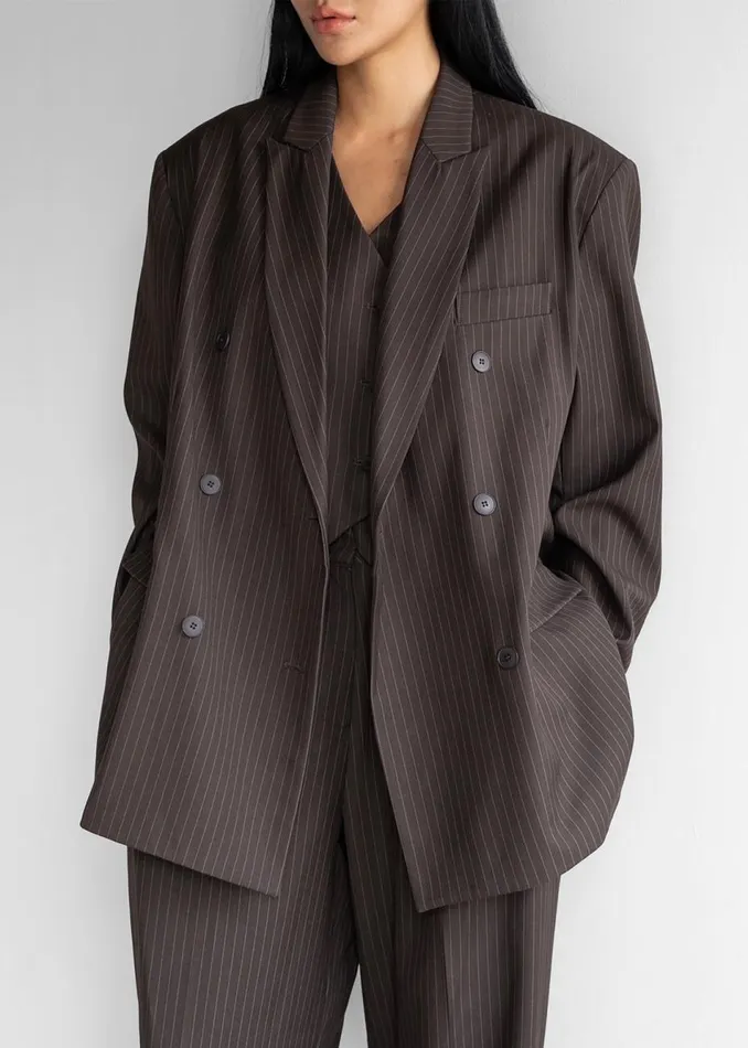 Women The Frankie Shop Outerwear Ivey Double Breasted Blazer Brownwhite Pinstripe