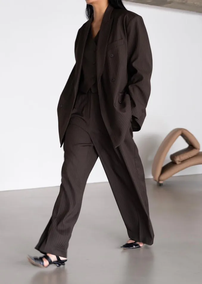 Women The Frankie Shop Outerwear Ivey Double Breasted Blazer Brownwhite Pinstripe