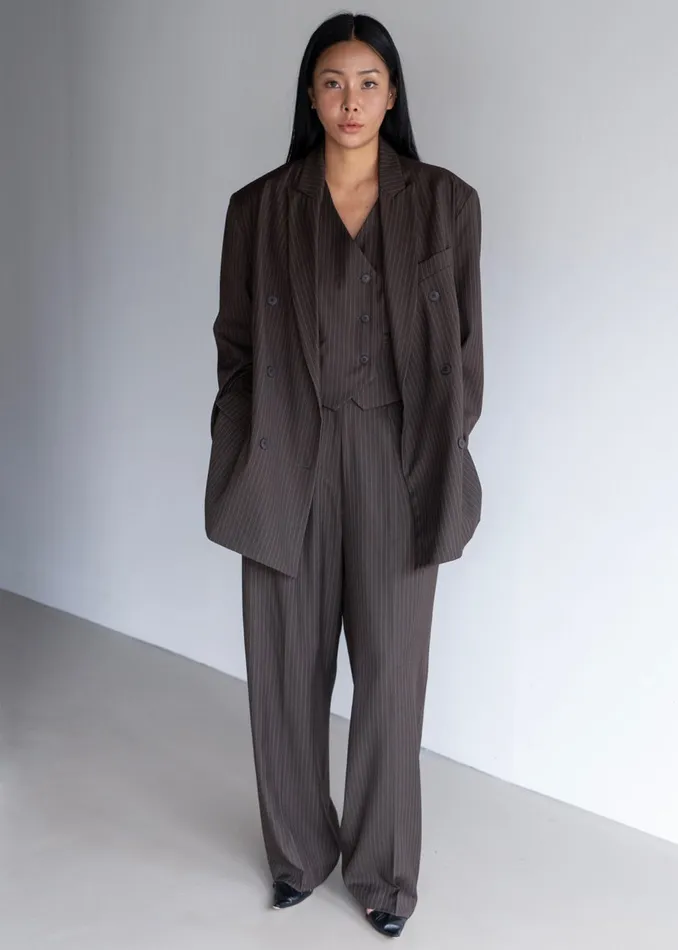 Women The Frankie Shop Outerwear Ivey Double Breasted Blazer Brownwhite Pinstripe