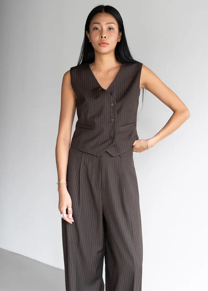Women The Frankie Shop Outerwear Ivey Vest Brownwhite Pinstripe