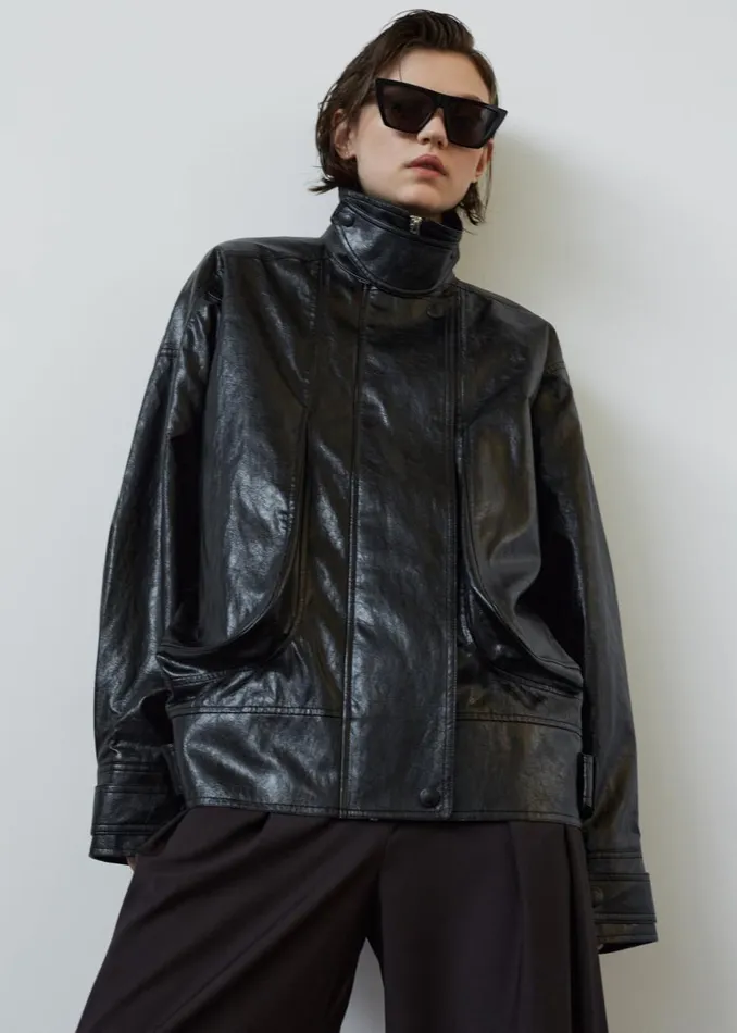 Women The Frankie Shop Outerwear Low Classic Pocket Leather Jacket Black