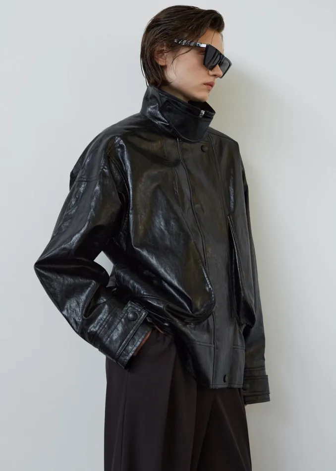 Women The Frankie Shop Outerwear Low Classic Pocket Leather Jacket Black