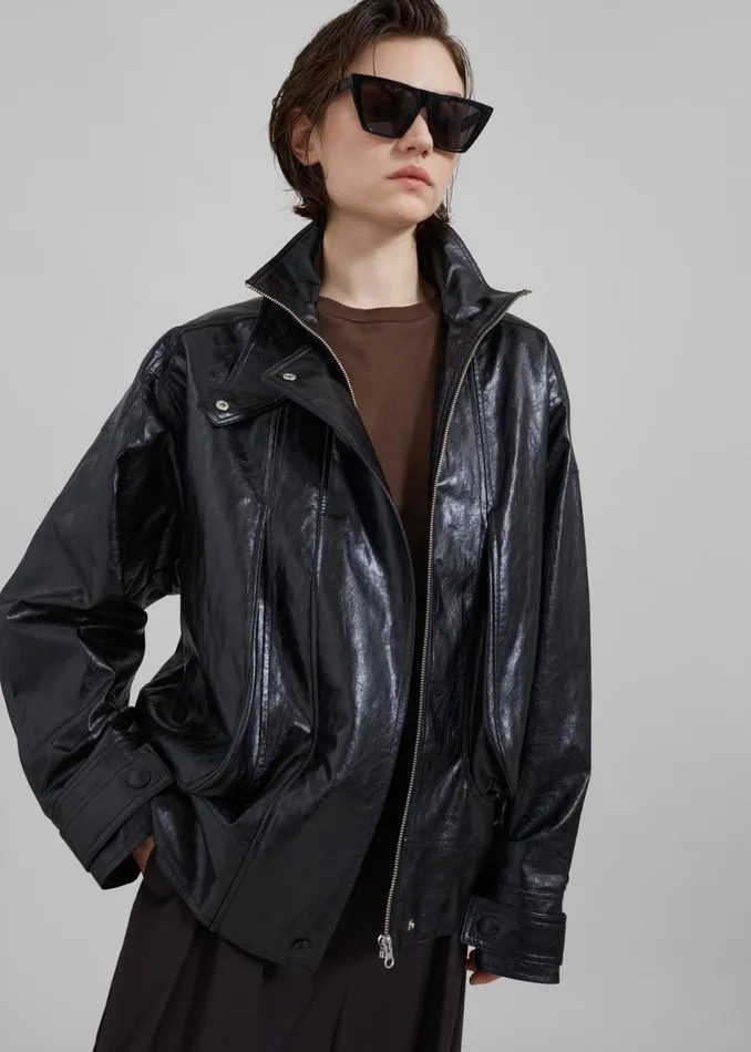 Women The Frankie Shop Outerwear Low Classic Pocket Leather Jacket Black