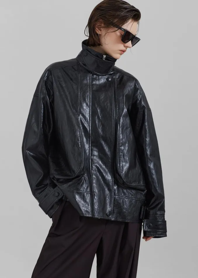 Women The Frankie Shop Outerwear Low Classic Pocket Leather Jacket Black