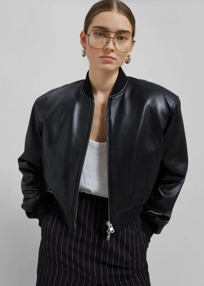 Women The Frankie Shop Outerwear Micky Faux Leather Cropped Bomber Black