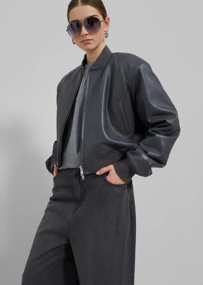 Women The Frankie Shop Outerwear Micky Faux Leather Cropped Bomber Grey
