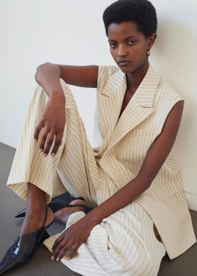 Women The Frankie Shop Outerwear Shane Twill Double Breasted Vest Light Beigeblack Pinstripe