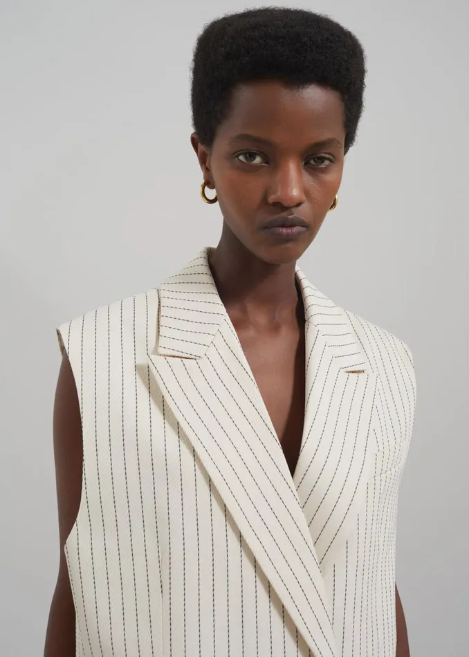 Women The Frankie Shop Outerwear Shane Twill Double Breasted Vest Light Beigeblack Pinstripe