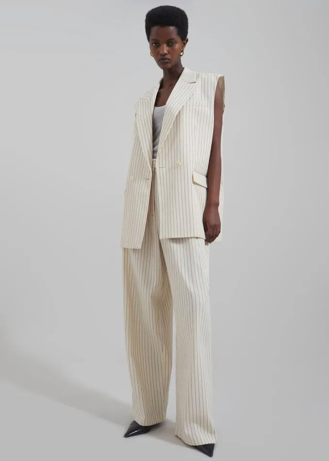 Women The Frankie Shop Outerwear Shane Twill Double Breasted Vest Light Beigeblack Pinstripe