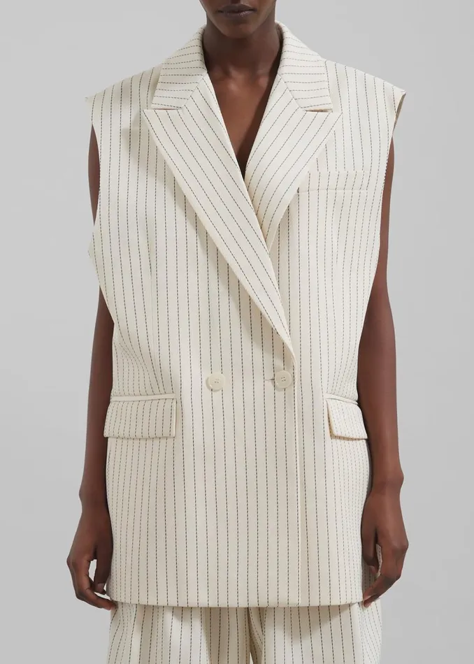 Women The Frankie Shop Outerwear Shane Twill Double Breasted Vest Light Beigeblack Pinstripe