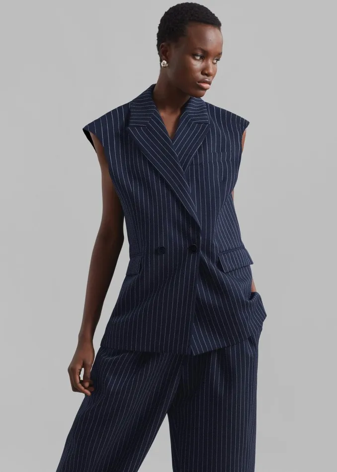 Women The Frankie Shop Outerwear Shane Twill Double Breasted Vest Navywhite Pinstripe