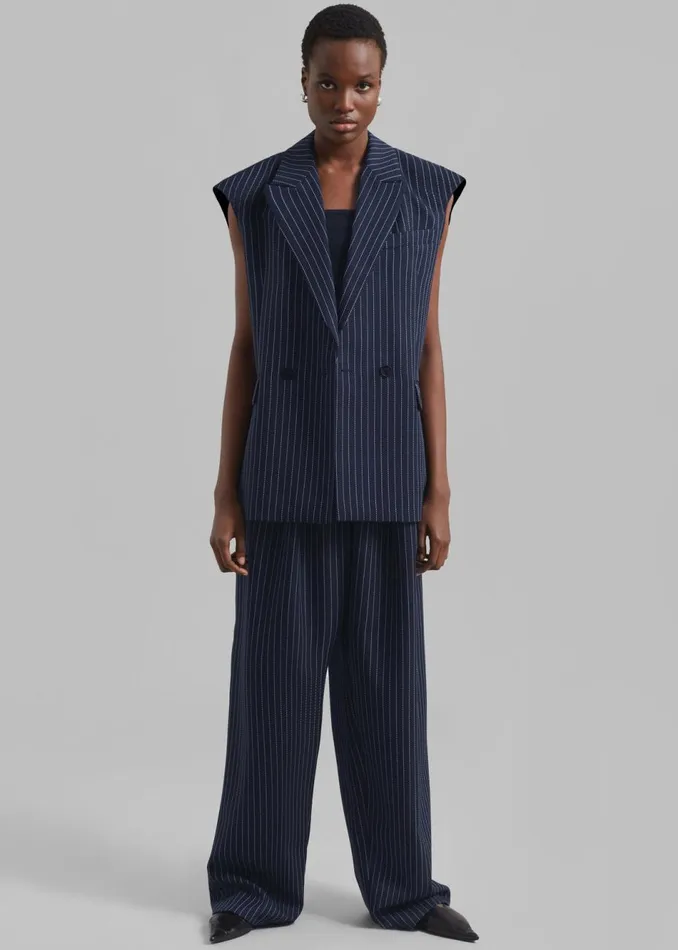 Women The Frankie Shop Outerwear Shane Twill Double Breasted Vest Navywhite Pinstripe