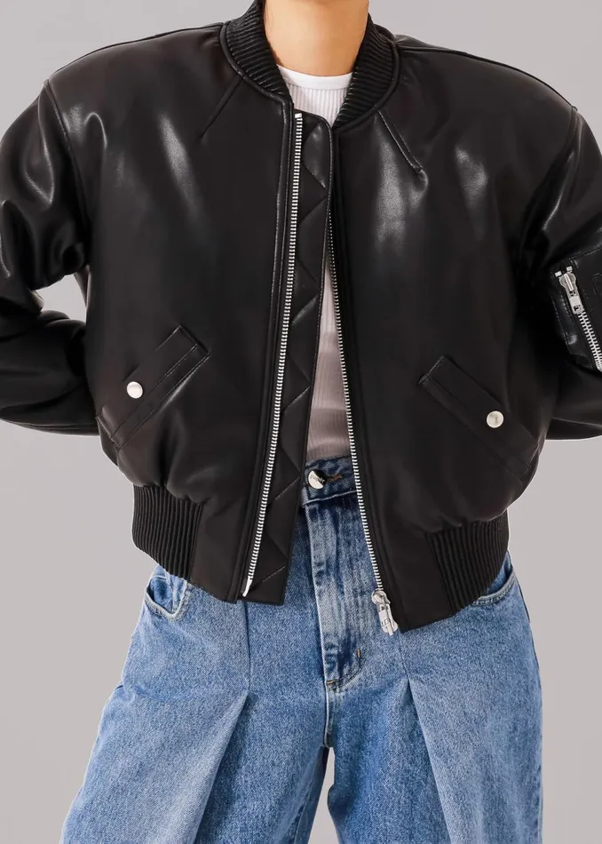Women The Frankie Shop Outerwear Sille FauxLeather Cropped Bomber Black