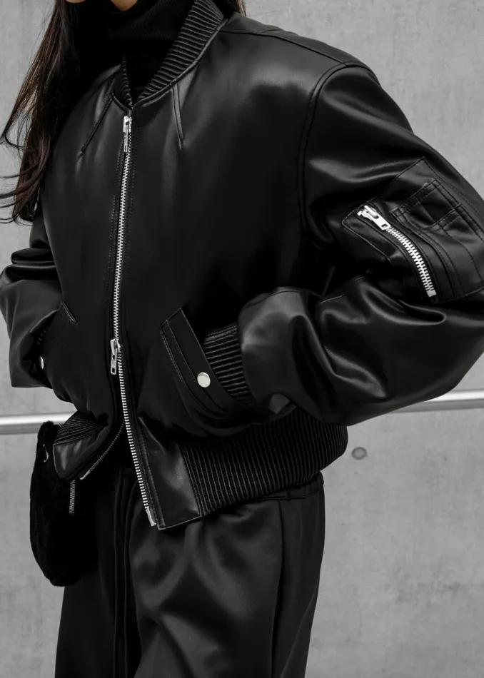 Women The Frankie Shop Outerwear Sille FauxLeather Cropped Bomber Black