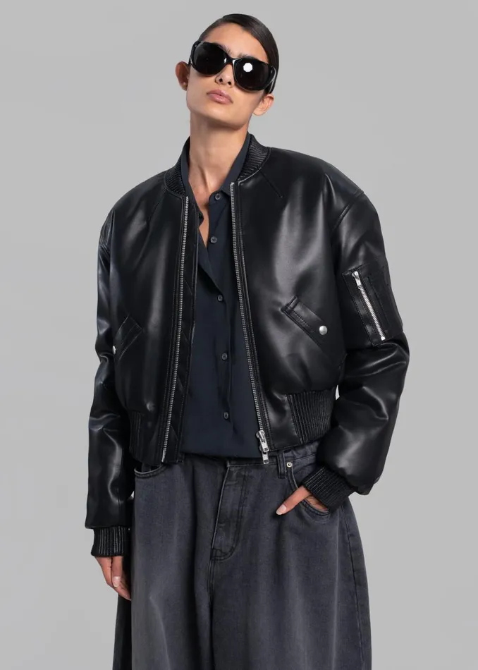 Women The Frankie Shop Outerwear Sille FauxLeather Cropped Bomber Black