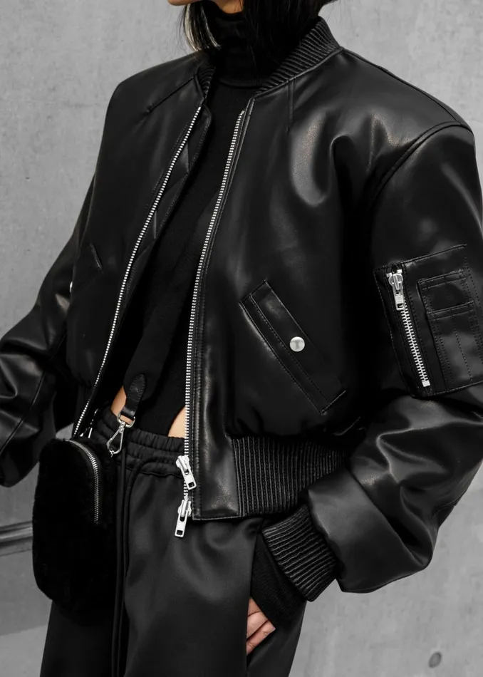 Women The Frankie Shop Outerwear Sille FauxLeather Cropped Bomber Black
