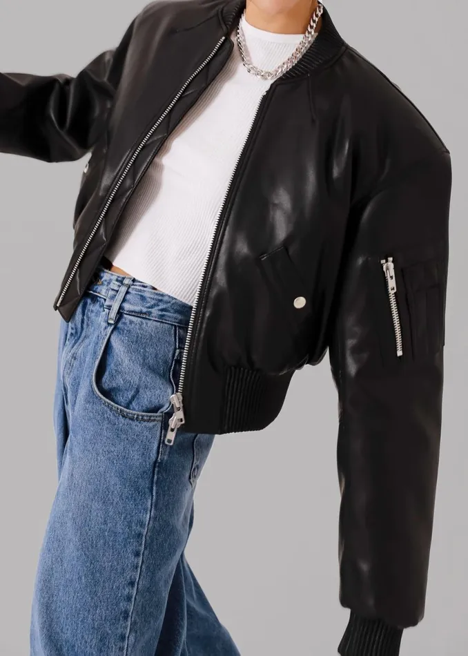 Women The Frankie Shop Outerwear Sille FauxLeather Cropped Bomber Black