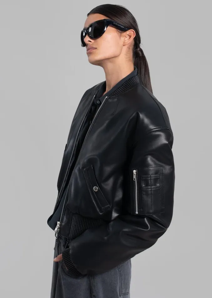 Women The Frankie Shop Outerwear Sille FauxLeather Cropped Bomber Black
