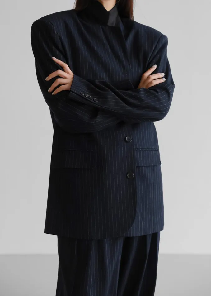 Women The Frankie Shop Outerwear Tansy Oversized Blazer Navy Pinstripe