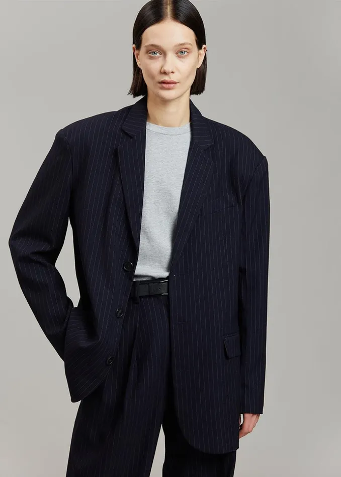 Women The Frankie Shop Outerwear Tansy Oversized Blazer Navy Pinstripe