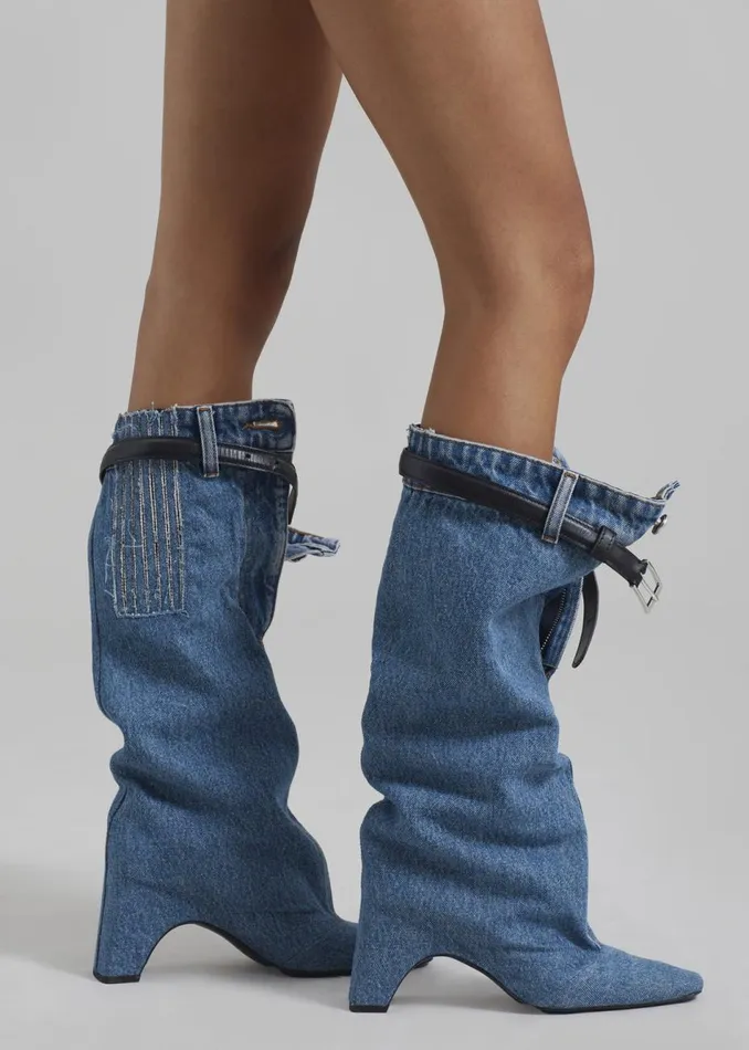 Women The Frankie Shop Shoes Coperni Denim Open Knee Bridge Boots Washed Blue