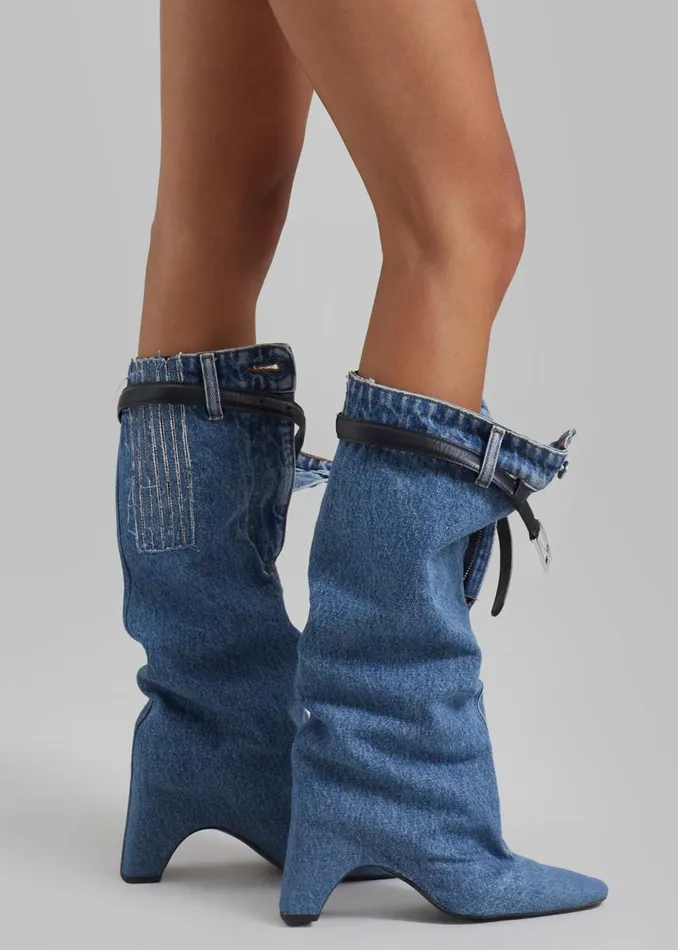 Women The Frankie Shop Shoes Coperni Denim Open Knee Bridge Boots Washed Blue