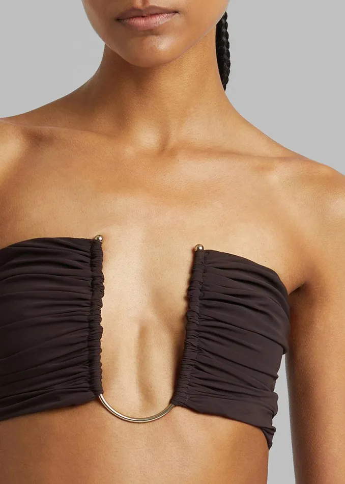 Women The Frankie Shop Swimwear Christopher Esber Arced Ruched Swim Top Cacao Women The Frankie Shop Swimwear Christopher Esber Arced Ruched Swim Top Cacao
