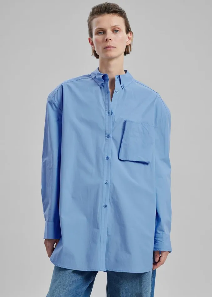 Women The Frankie Shop Tops Brenna Padded Button Up Shirt Blue