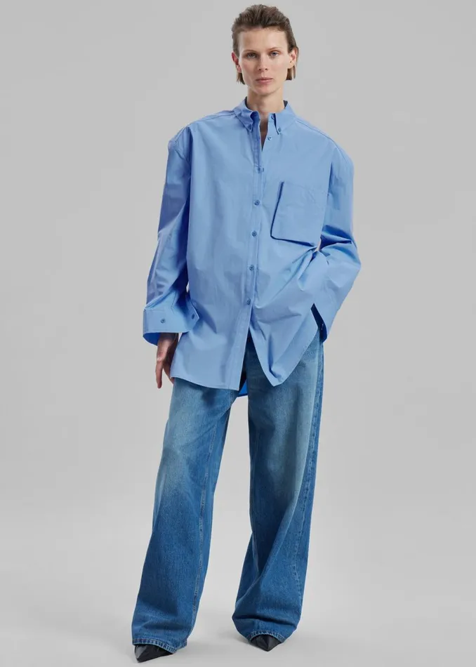 Women The Frankie Shop Tops Brenna Padded Button Up Shirt Blue