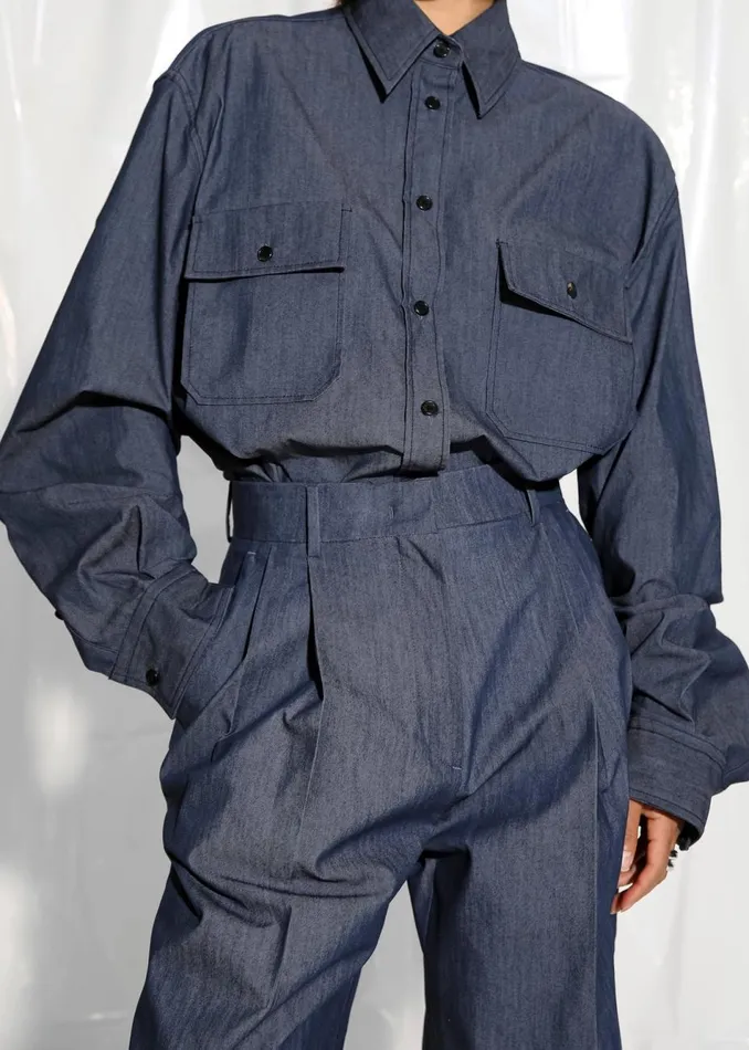 Women The Frankie Shop Tops Cidra Pocket DenimEffect Shirt Dark Indigo
