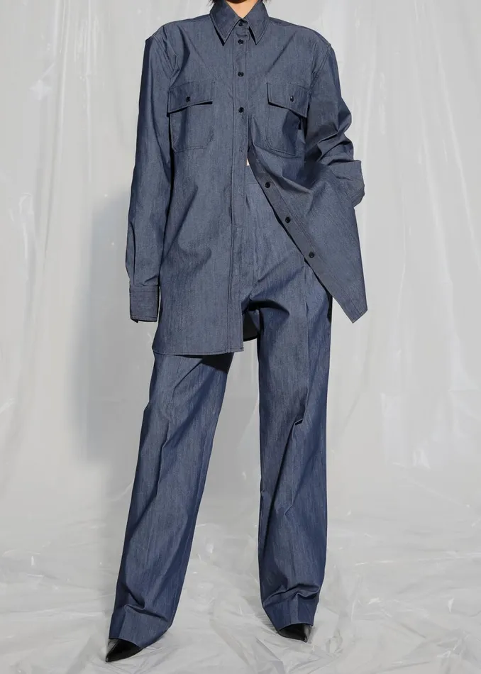 Women The Frankie Shop Tops Cidra Pocket DenimEffect Shirt Dark Indigo