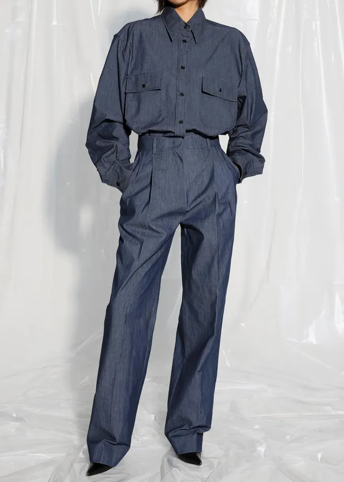 Women The Frankie Shop Tops Cidra Pocket DenimEffect Shirt Dark Indigo