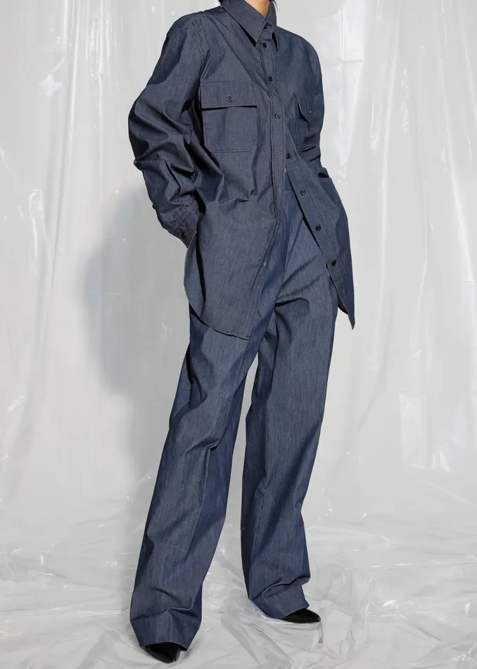 Women The Frankie Shop Tops Cidra Pocket DenimEffect Shirt Dark Indigo