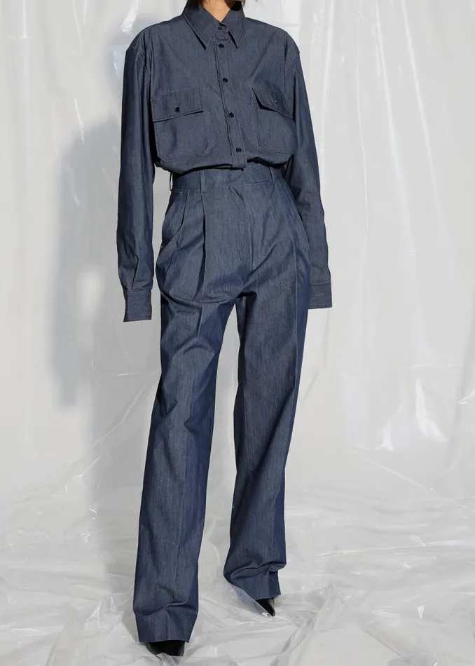 Women The Frankie Shop Tops Cidra Pocket DenimEffect Shirt Dark Indigo