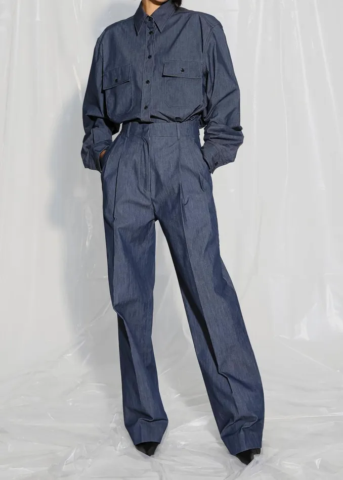 Women The Frankie Shop Tops Cidra Pocket DenimEffect Shirt Dark Indigo