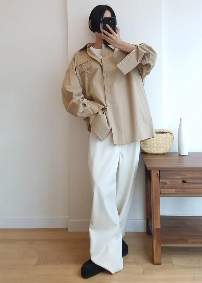 Women The Frankie Shop Tops Conrad Button Up Shirt Beige Pinstripe