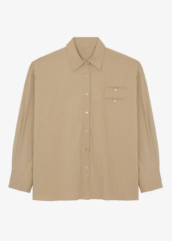 Women The Frankie Shop Tops Conrad Button Up Shirt Beige Pinstripe